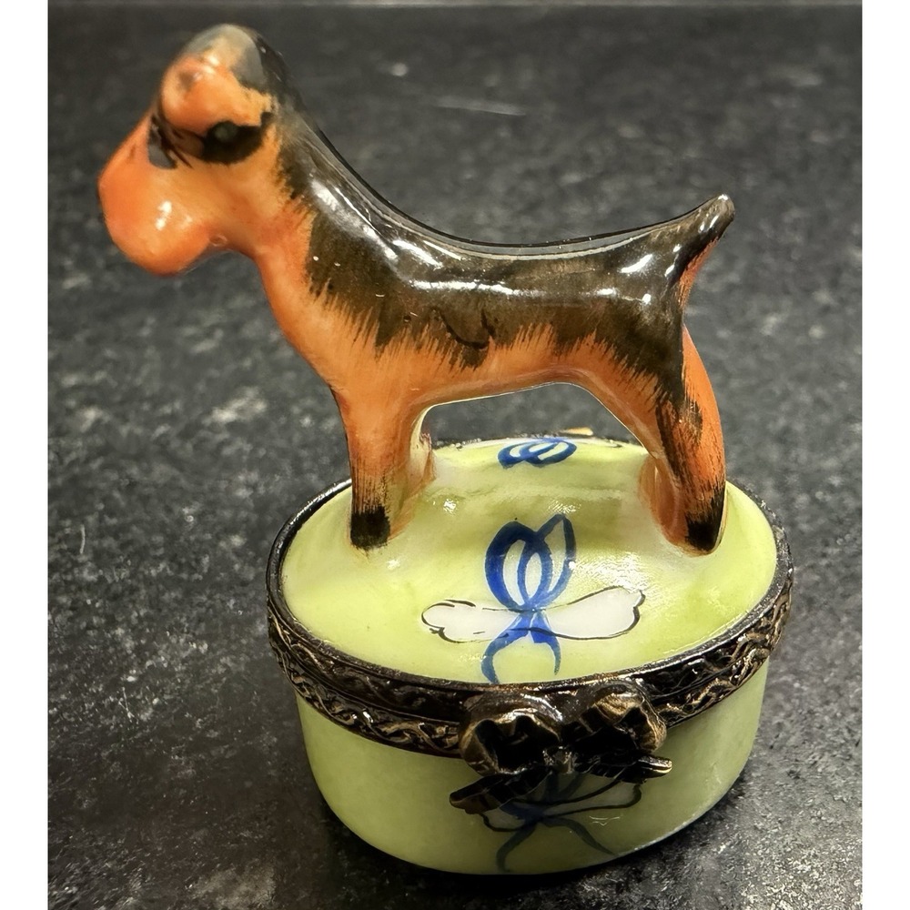 Eximious Limoges France Terrier Dog Trinket Box Hand Painted Porcelain Miniature